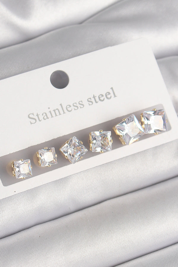 BKP10304 - 316L Çelik Gold Renk Kare Zirkon Taş Model Kadın Küpe Seti