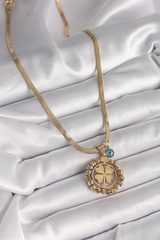 BKO9875 - 316L Çelik Gold Renk İtalyan Zincir Dorika Yonca Model Nazar Boncuk Detay Kadın Kolye