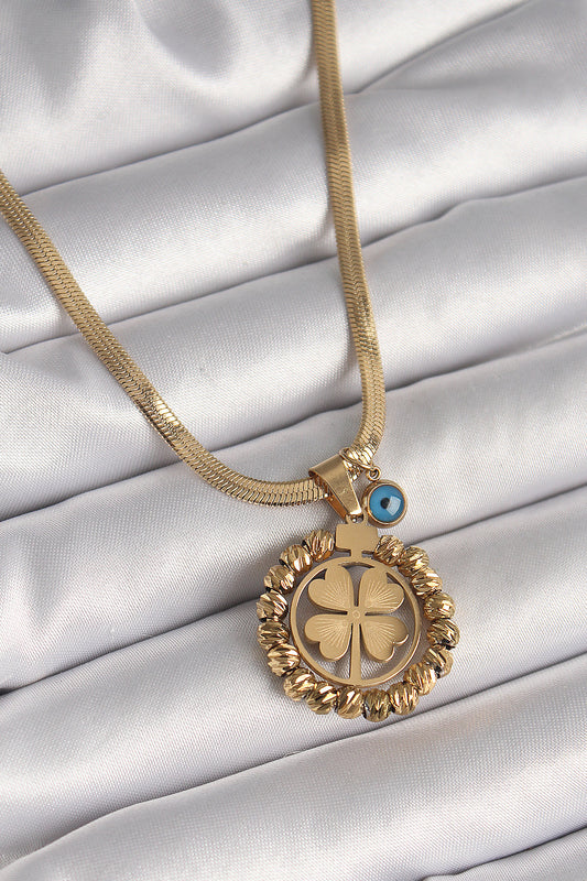 BKO9875 - 316L Çelik Gold Renk İtalyan Zincir Dorika Yonca Model Nazar Boncuk Detay Kadın Kolye