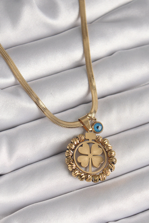 BKO9875 - 316L Çelik Gold Renk İtalyan Zincir Dorika Yonca Model Nazar Boncuk Detay Kadın Kolye