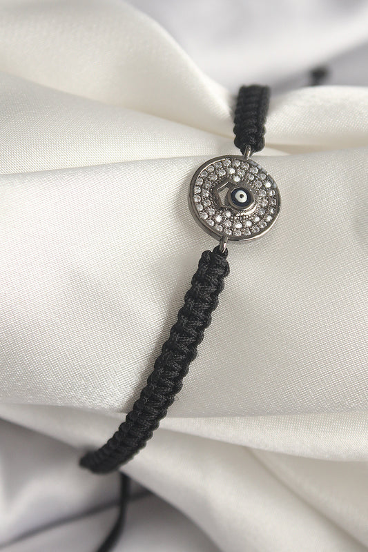 BB6788 - Pirinç Füme Renk Zirkon Taşlı Nazar Boncuk İşleme Makrome Asansörlü Model Kadın Bileklik