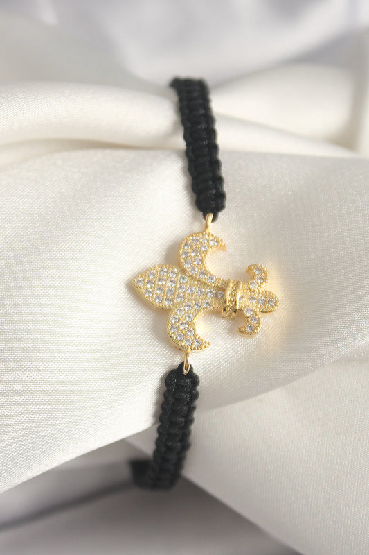 BB6801 - Pirinç Gold Renk Zirkon Taşlı Zambak Figür Asansörlü Makrome Model Kadın Bileklik