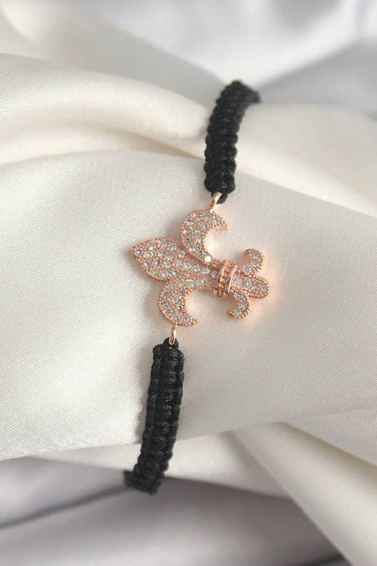 BB6802 - Pirinç Rose Renk Zirkon Taşlı Zambak Model Asansörlü Makrome Model Kadın Bileklik