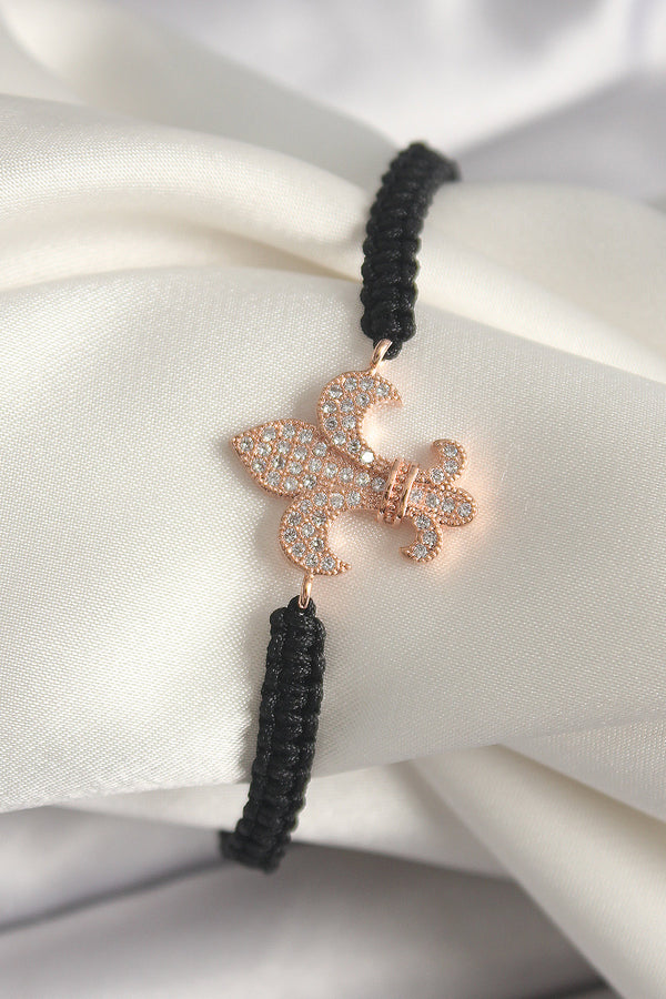 BB6802 - Pirinç Rose Renk Zirkon Taşlı Zambak Model Asansörlü Makrome Model Kadın Bileklik