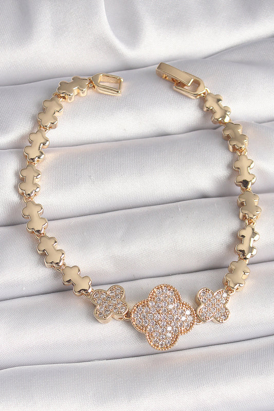 BB6822 - Pirinç Gold Renk Zirkon Taşlı Yonca Model Zincir Kadın Bileklik