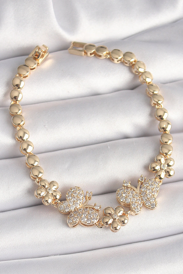 BB6826 - Pirinç Gold Renk Zirkon Taşlı Kelebek Figür Çiçek Zincir Model Kadın Bileklik