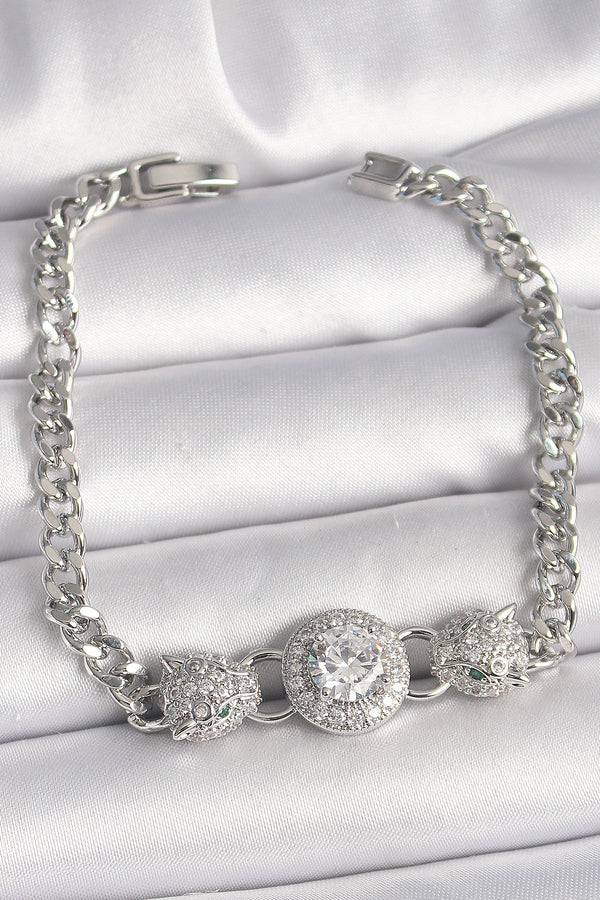 BB6829 - Pirinç Gümüş Renk Zirkon Taşlı Leopar Figür Zincir Model Kadın Bileklik