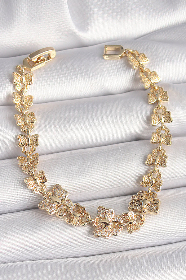 BB6834 - Pirinç Gold Renk Zirkon Taşlı Kelebek Model Zincir Kadın Bileklik