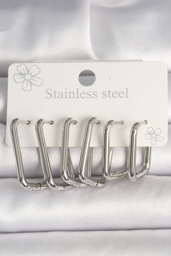 BKP10353 - 316L Çelik Gümüş Renk Kare Model Kadın Küpe Seti