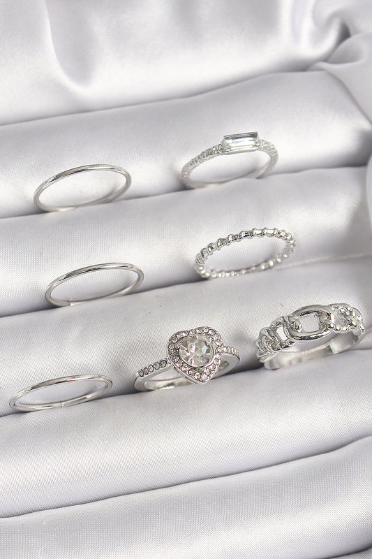 BYK3661 - Pirinç Gümüş Renk Zirkon Taşlı Kalp Model Kadın Yüzük Kombini