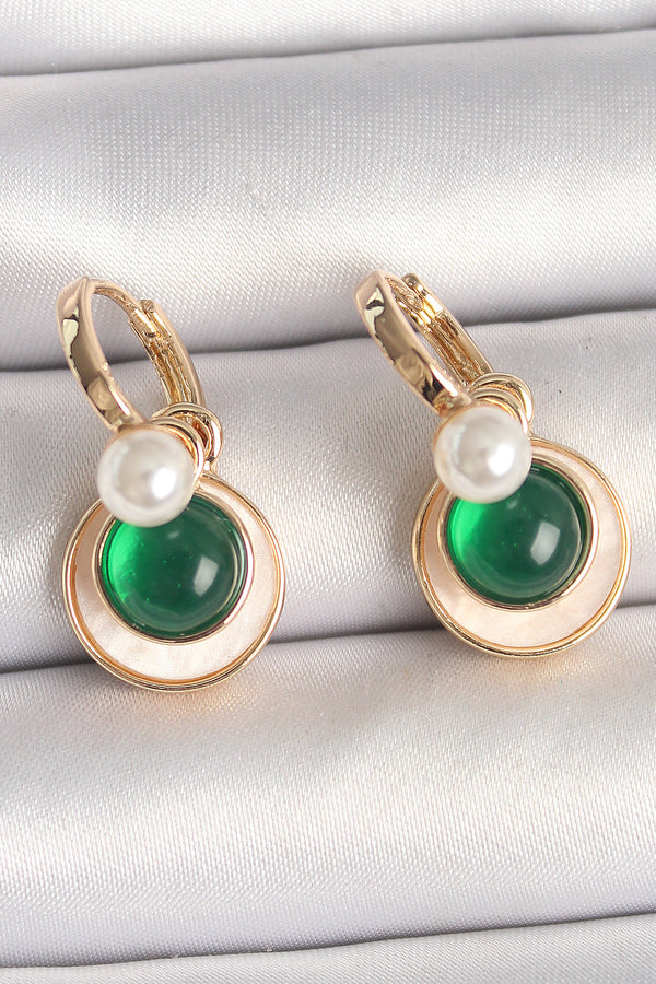 BKP10363 - Pirinç Gold Renk Beyaz Yeşil Sallantı Mineli Kadın Küpe