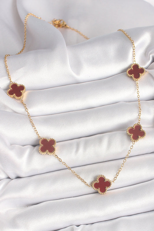 BKO9926 - 316L Çelik Gold Renk Zincir Bordo Yonca Model Kadın Kolye