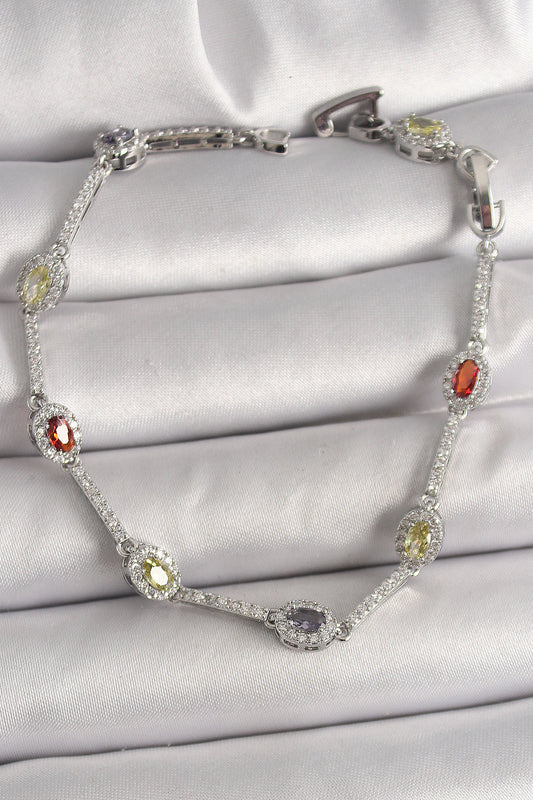 BB6873 - Pirinç Gümüş Renk Renkli Zirkon Taşlı Damla Taş Model Kadın Bileklik