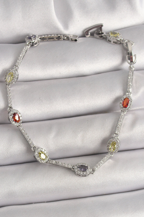 BB6873 - Pirinç Gümüş Renk Renkli Zirkon Taşlı Damla Taş Model Kadın Bileklik