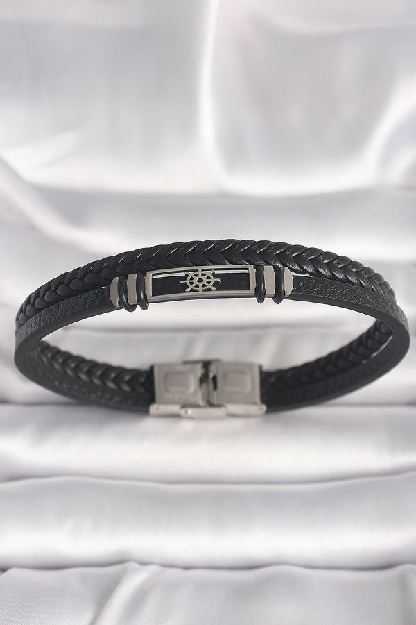 EB3701 - 316L Çelik Gümüş Renk Gemi Dümeni Figür Siyah Burgu Deri Kordon Model Erkek Bileklik