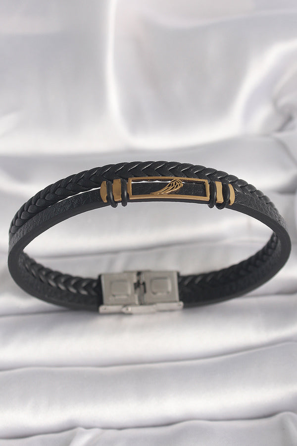 EB3703 - 316L Çelik Gold Renk Kanat Aksesuarlı Siyah Burgu Model Deri Kordon Erkek Bileklik
