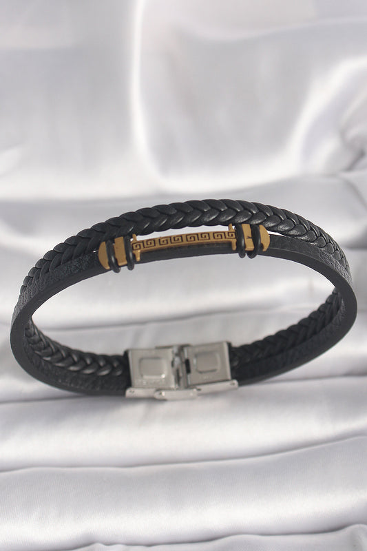 EB3705 - 316L Çelik Gold Renk ZikZak İşlemeli Aksesuarlı Çift Sıra Burgu Desenli Deri Kordon Erkek Bileklik