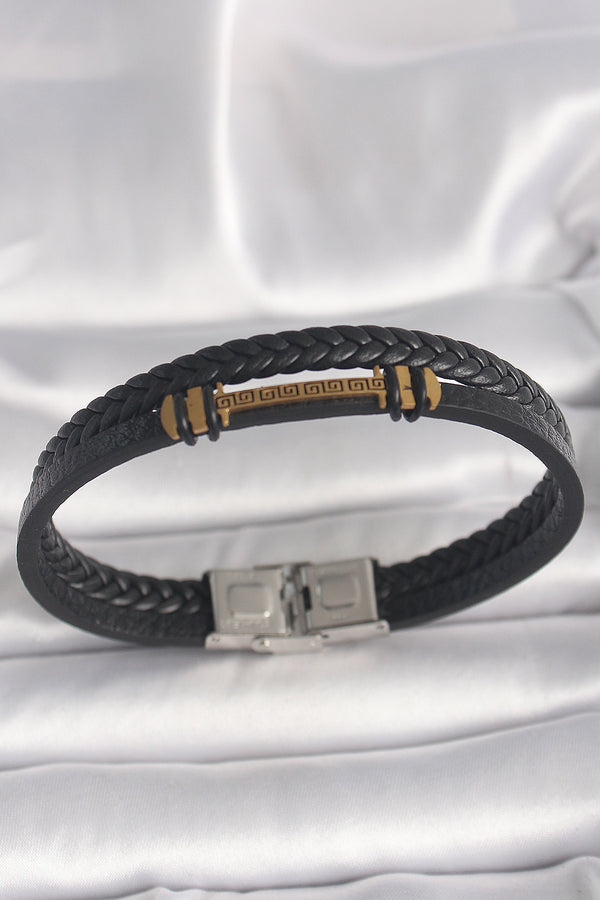 EB3705 - 316L Çelik Gold Renk ZikZak İşlemeli Aksesuarlı Çift Sıra Burgu Desenli Deri Kordon Erkek Bileklik