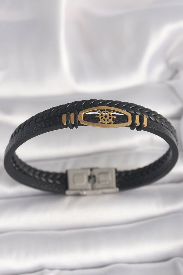 EB3706 - 316L Çelik Gold Renk Gemi Dümen Figür Siyah Renk Çift Sıra Burgu Desenli Deri Kordon Erkek Bileklik
