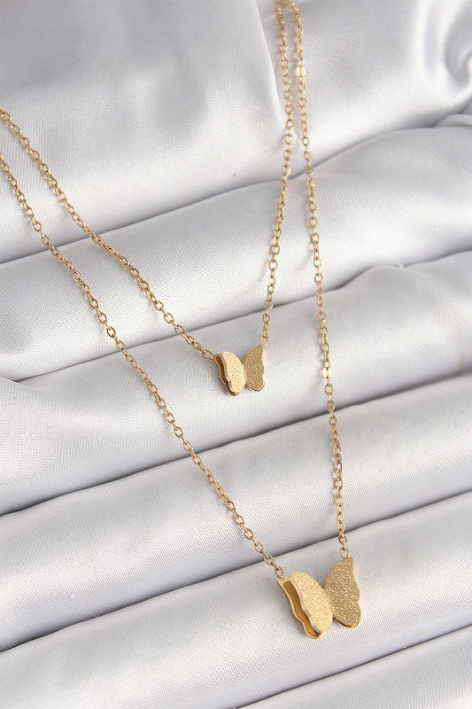 BKO9928 - 316L Çelik Gold Renk 2'Li Simli Kelebek Model Kadın Kolye