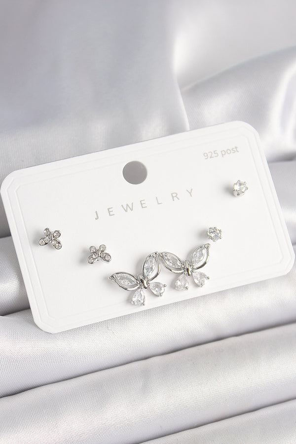 BKP10394 - 925 Ayar Gümüş Çivi Pirinç Gümüş Renk Zirkon Taşlı Kelebek Model Kadın Küpe Seti