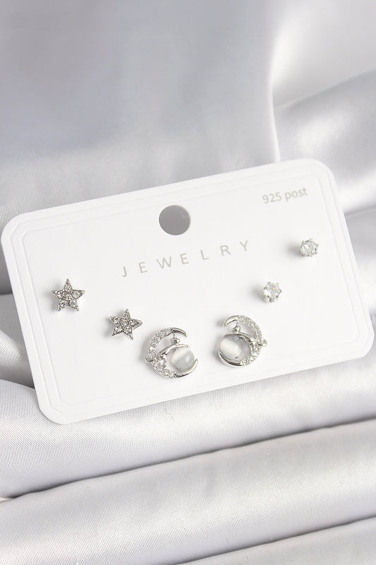 BKP10398 - 925 Ayar Gümüş Çivi Zirkon Taşlı Hilal Yıldız Model Kadın Küpe Seti