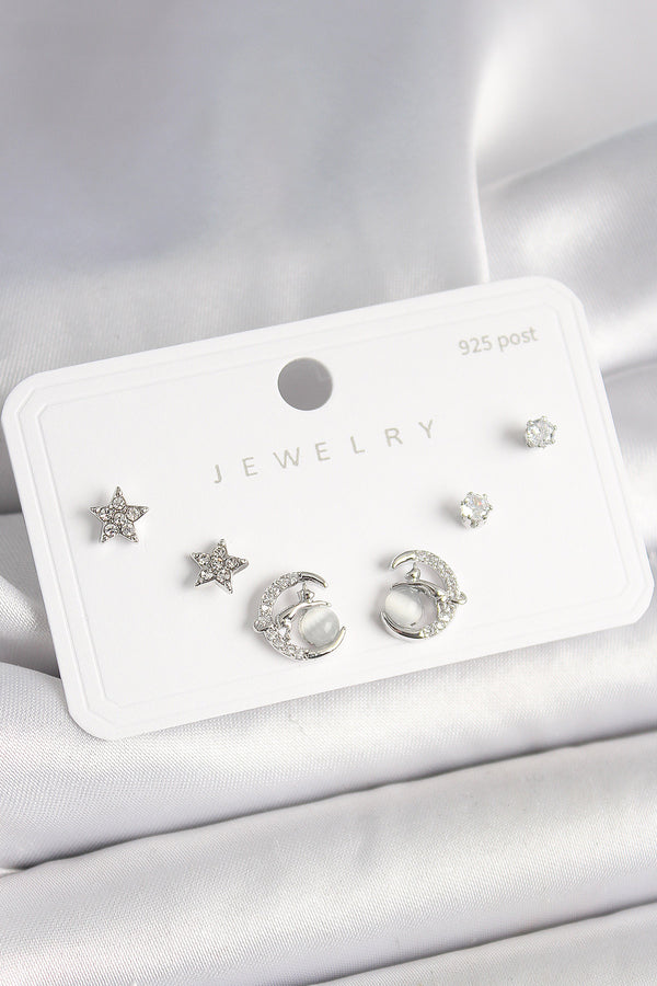 BKP10398 - 925 Ayar Gümüş Çivi Zirkon Taşlı Hilal Yıldız Model Kadın Küpe Seti