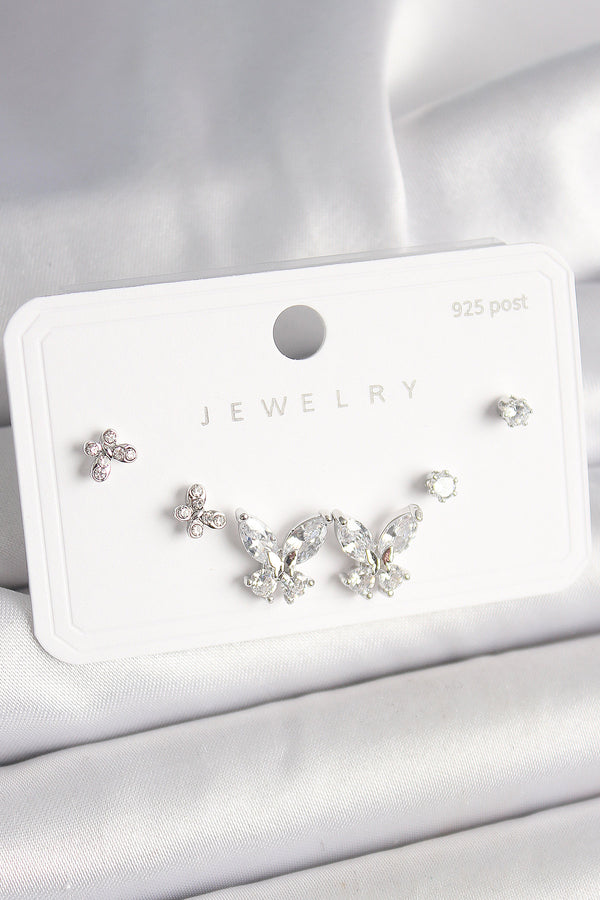 BKP10402 - 925 Ayar Gümüş Çivi Pirinç Zirkon Taşlı Kelebek Model Kadın Küpe Seti