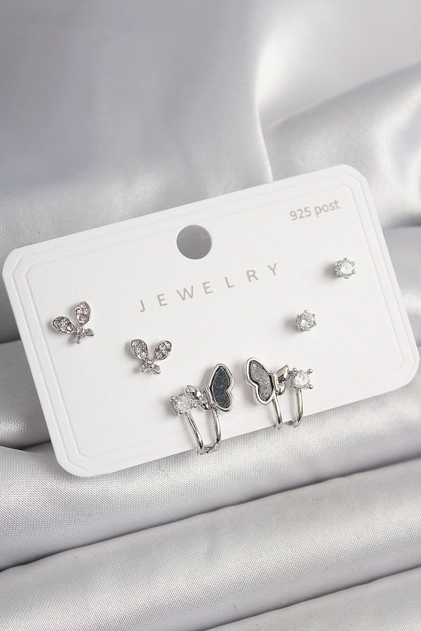 BKP10404 - 925 Ayar Gümüş Çivi Pirinç Gümüş Renk Zirkon Taşlı Kelebek Model Kadın Küpe Seti