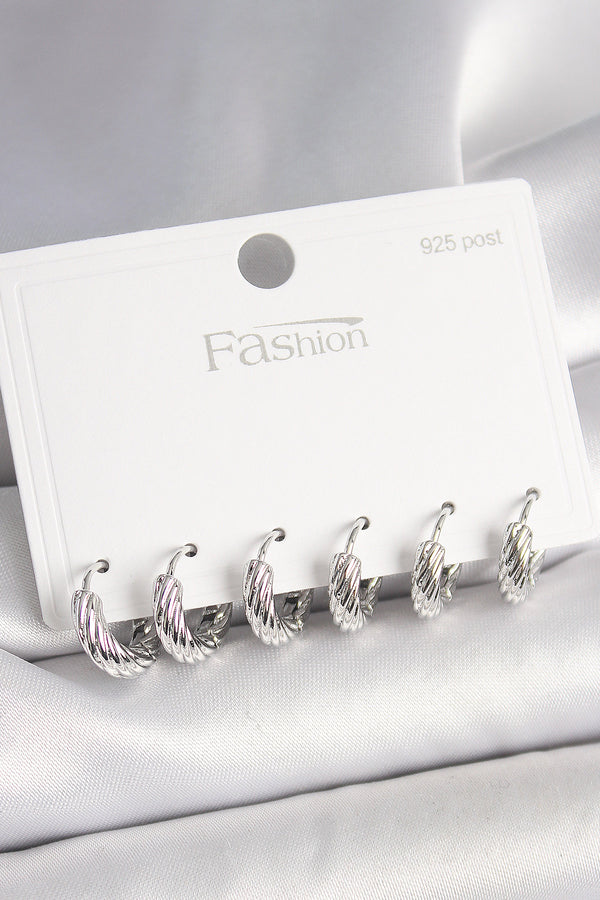 BKP10410 - 925 Ayar Gümüş Çivi Pirinç Gümüş Renk İşlemeli Halka Model Kadın Küpe Seti