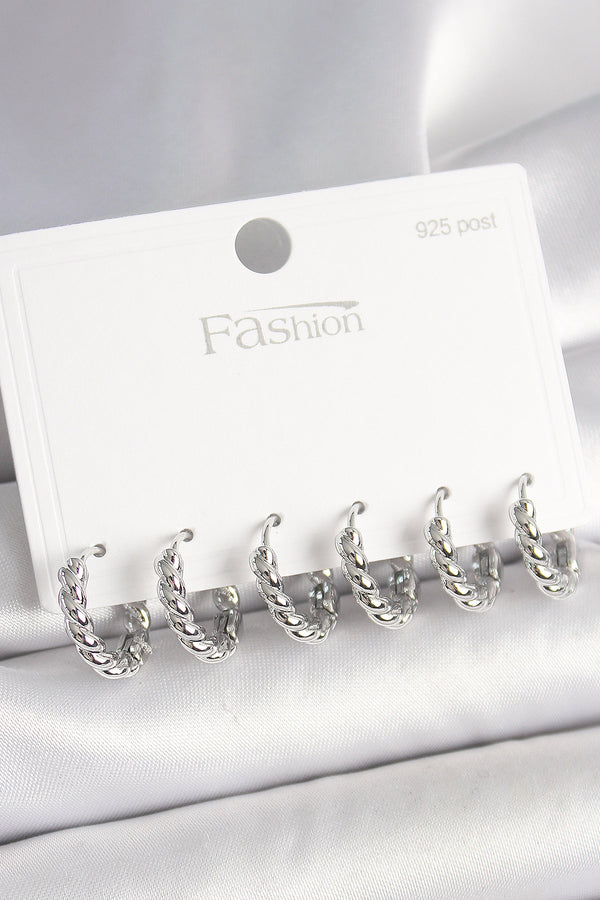 BKP10416 - 925 Ayar Gümüş Çivi Pirinç Gümüş Renk Sarmal Halka Model Kadın Küpe Seti