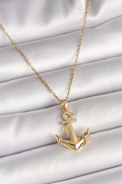 BKO9950 - 316L Çelik Gold Renk Zincir Zirkon Taş Detaylı Çapa Model Kadın Kolye