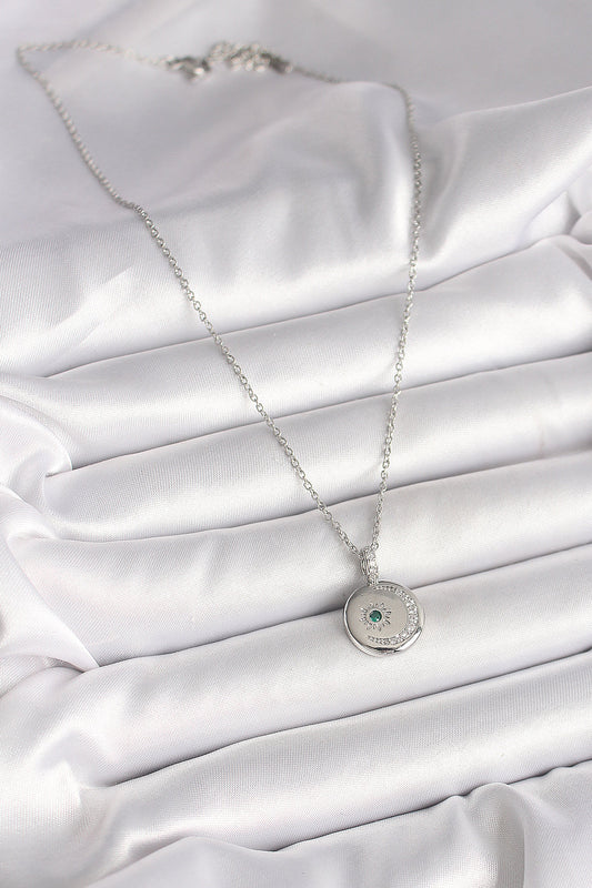 BKO9953 - 316L Çelik Gümüş Renk Zincir Madalyon Zirkon Taşlı İşlemeli Hilal Yıldız Model Kadın Kolye