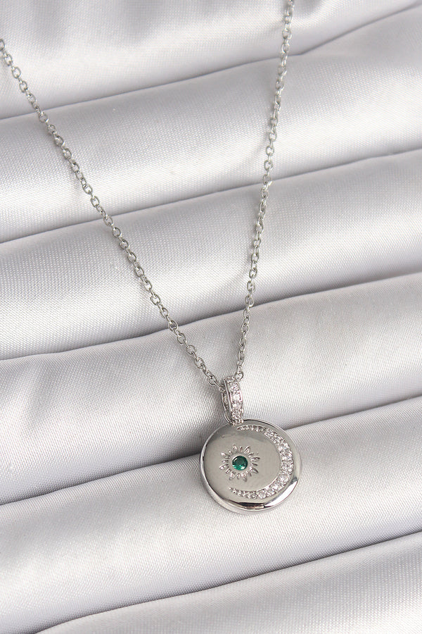 BKO9953 - 316L Çelik Gümüş Renk Zincir Madalyon Zirkon Taşlı İşlemeli Hilal Yıldız Model Kadın Kolye