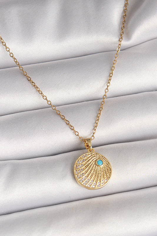 BKO9964 - 316L Çelik Gold Renk Zincir Zirkon Taş İşlemeli Mavi Taş Detaylı Madalyon Model Kadın Kolye