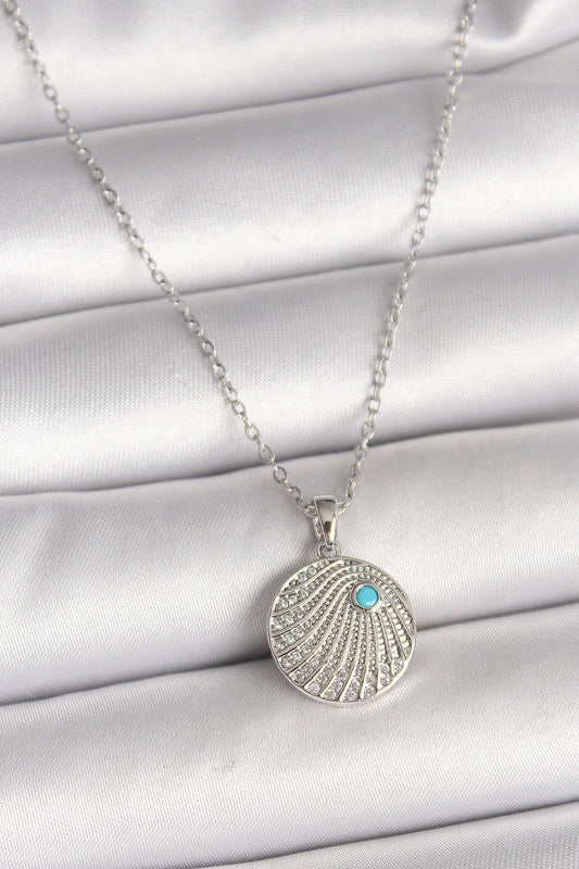 BKO9965 - 316L Çelik Gümüş Renk Zincir Zirkon Taşlı Mavi Taş Detaylı Madalyon Model Kadın Kolye