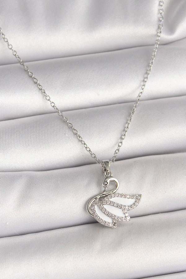 BKO9997 - 316L Çelik Gümüş Renk Zincir Zirkon Taşlı Kuğu Model Kadın Kolye