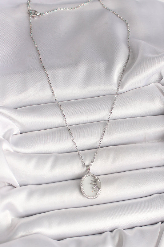 BKO10003 - 316L Çelik Gümüş Renk Zincir Beyaz Mineli Gün Batımı Model Zirkon Taş Detaylı Kadın Kolye