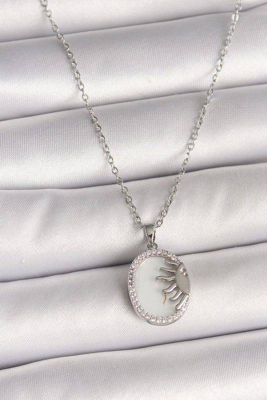 BKO10003 - 316L Çelik Gümüş Renk Zincir Beyaz Mineli Gün Batımı Model Zirkon Taş Detaylı Kadın Kolye