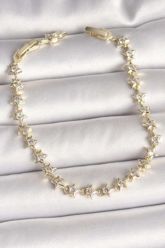 BB6880 - Pirinç Gold Renk Zirkon Taşlı Yıldız Model VIP Seri Kadın Bileklik