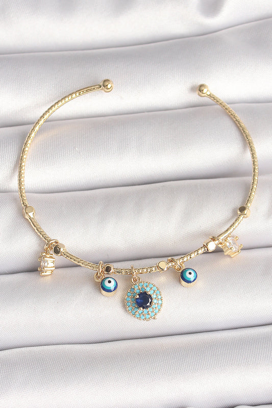 Pirinç Gold Renk Zirkon Taşlı Nazar Boncuk Detay Charm Kadın Bileklik - BB6883