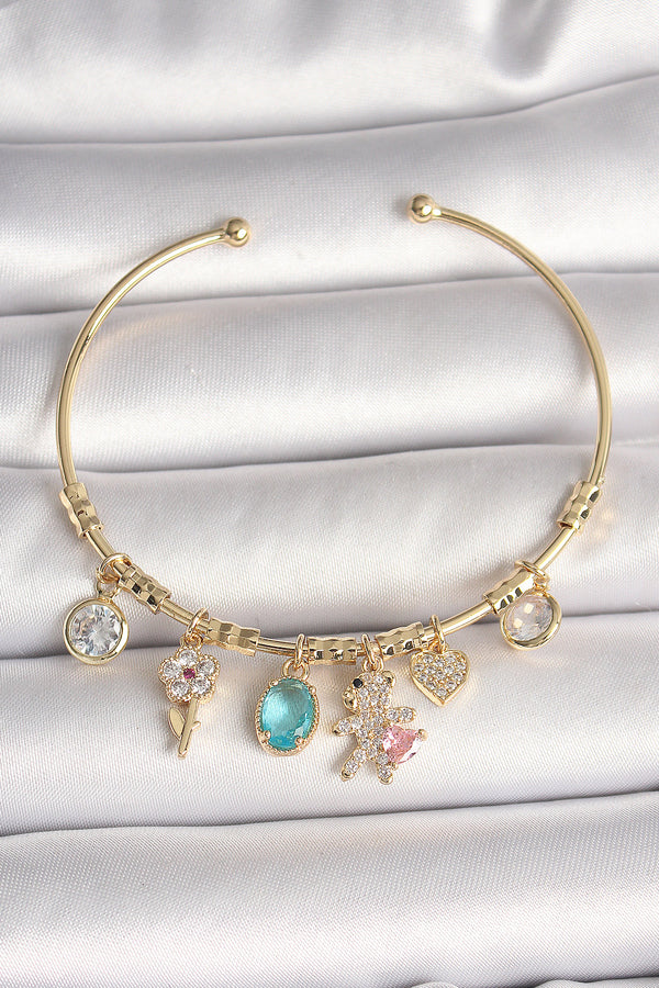 BB6894 - Pirinç Gold Renk Sallantı Zirkon Taşlı AYıcık Figür Kalp Detay Charm Kadın Bileklik