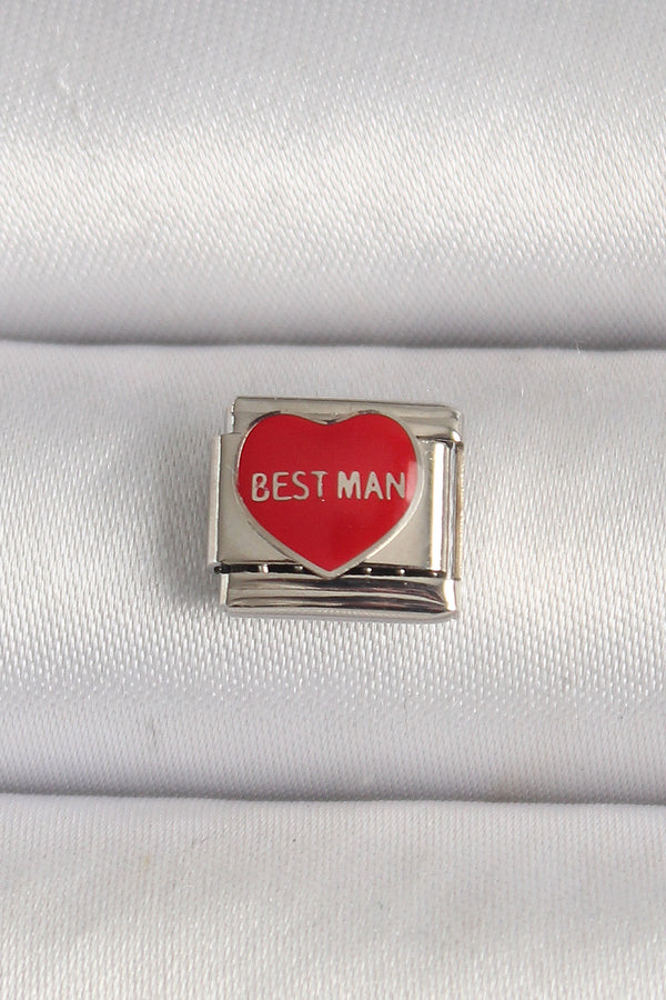 BC1208 - 316L Çelik Gümüş Renk 'Best Man' Yazılı Kırmızı Kalp İşlemeli Nomination Charm