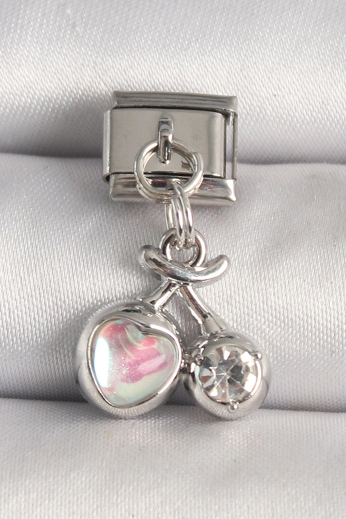 BC1240 - 316L Çelik Gümüş Renk Pembe Mineli Kalp Zirkon Taş Detay Nomination Charm