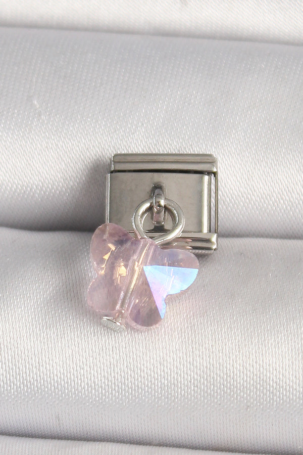 BC1319 - 316L Çelik Gümüş Renk Pembe Zirkon Taşlı Kelebek Model Nomination Charm