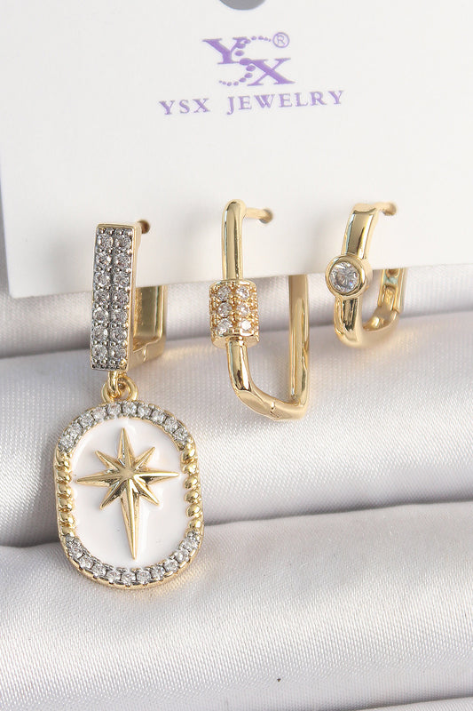 BKP10452 - Pirinç Gold Renk Sallantı Zirkon Taş İşlmeli Yıldız Portre Model 3'Lü Kadın Kombin Küpe