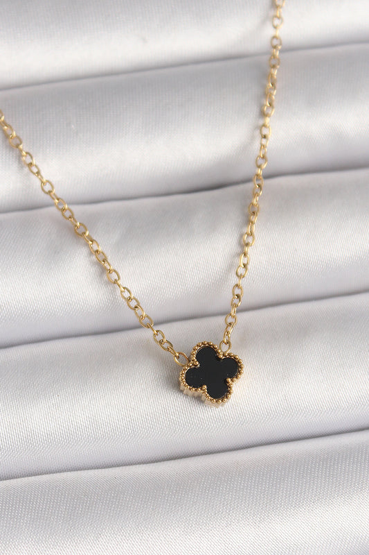 BKO10021 - 316L Çelik Gold Renk Siyah Yonca Model Kadın Kolye