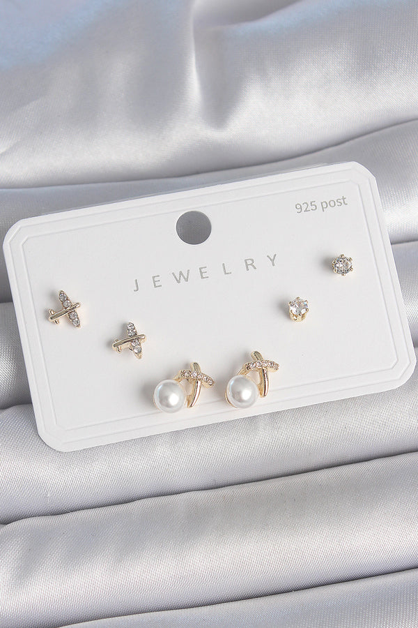 BKP10478 - Pirinç Gold Renk Zirkon Taşlı Kelebek Model İnci Detay 925 Ayar Gümüş Çivi Kadın Küpe Seti