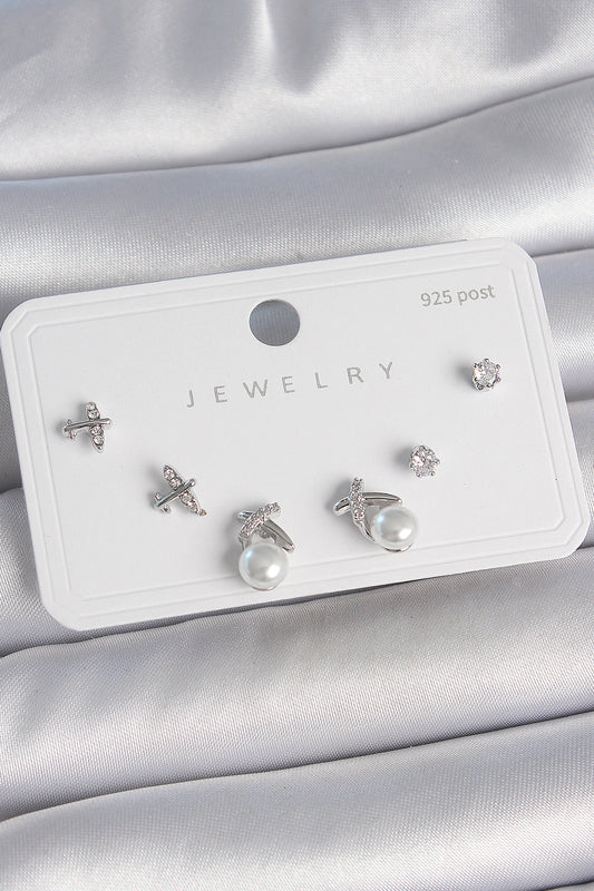 BKP10479 - Pirinç Gümüş Renk Zirkon Taşlı Kelebek Model İnci Detay 925 Ayar Gümüş Çivi Kadın Küpe Seti