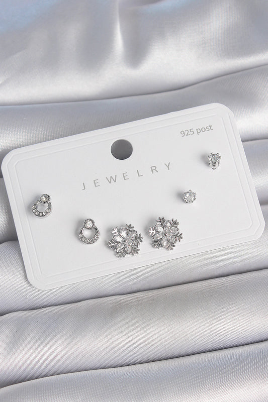 BKP10483 - Pirinç Gümüş Renk Zirkon Taşlı Kar Tanesi Model 925 Ayar Gümüş Çivi Kadın Küpe Seti